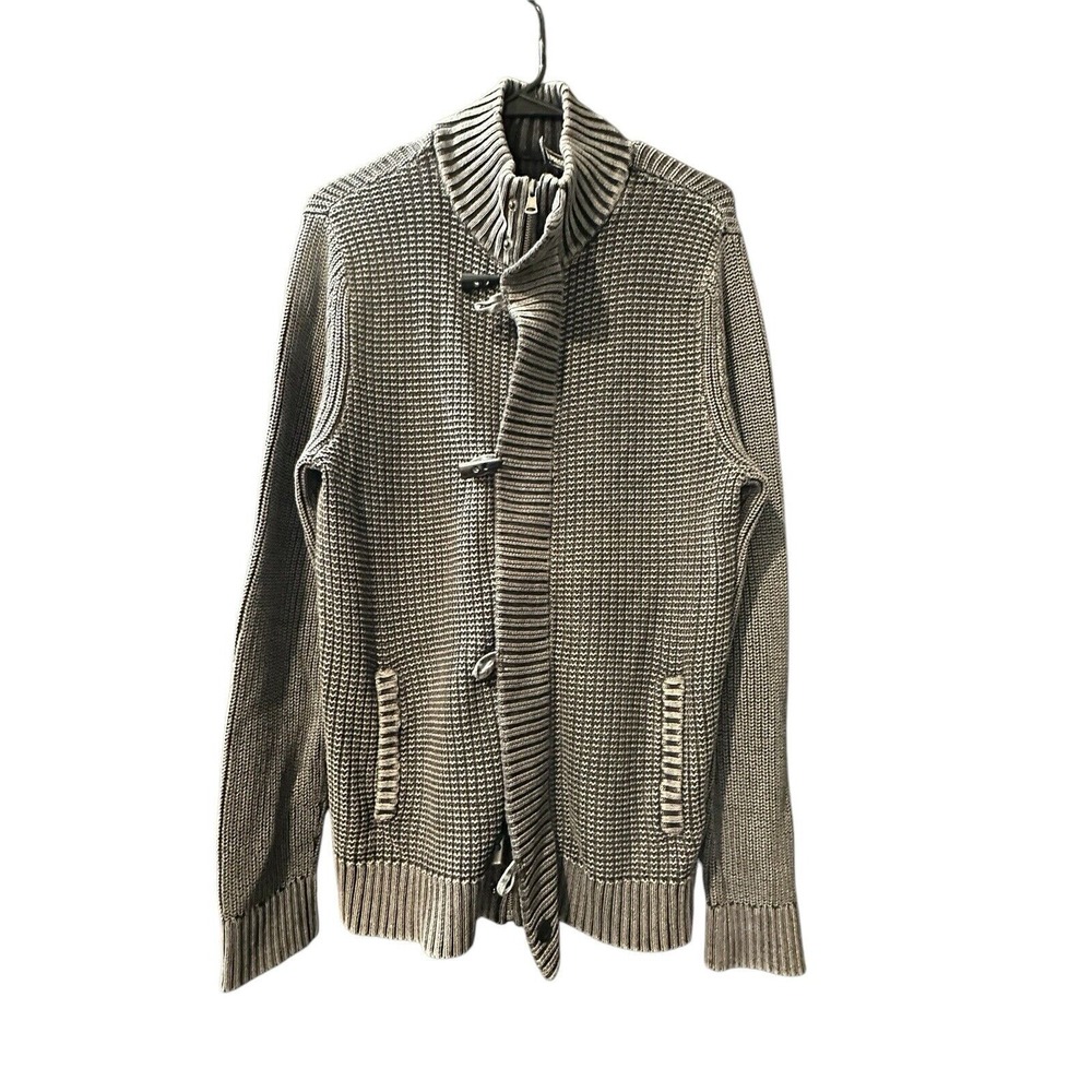 Express Mens Sweater Medium Gray Ribbed Full Zip & Buttons High End Casual EUC